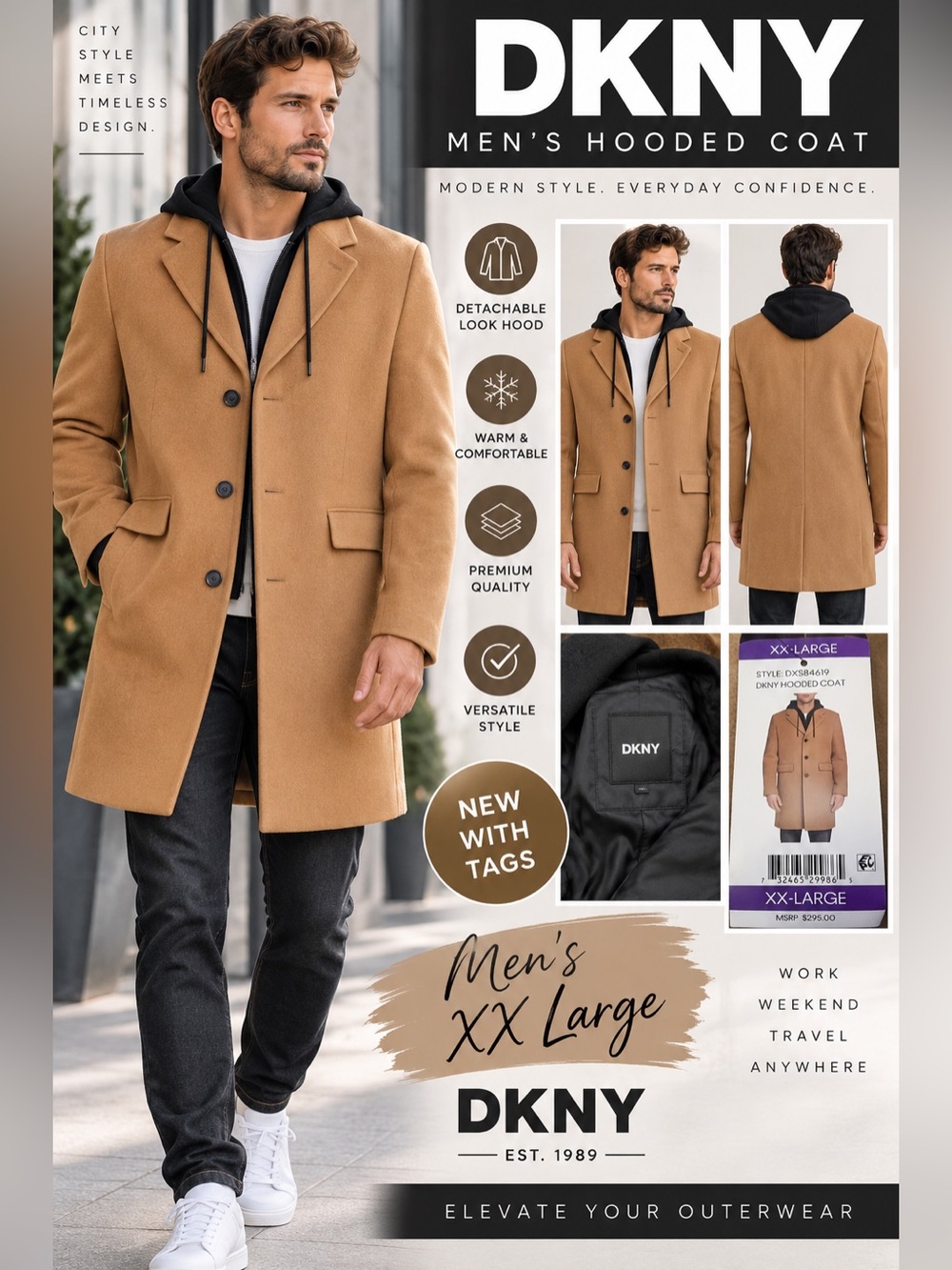 DKNY Men’s Hooded Pea Coat in Camel nwt